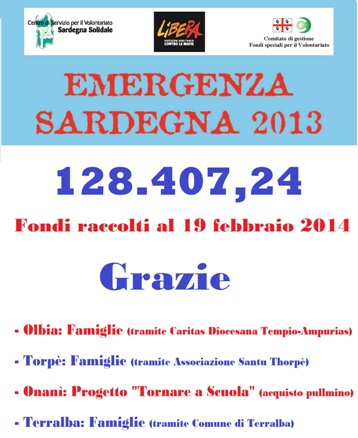 128.407,24 euro raccolti finora per l’Emergenza Sardegna 2013